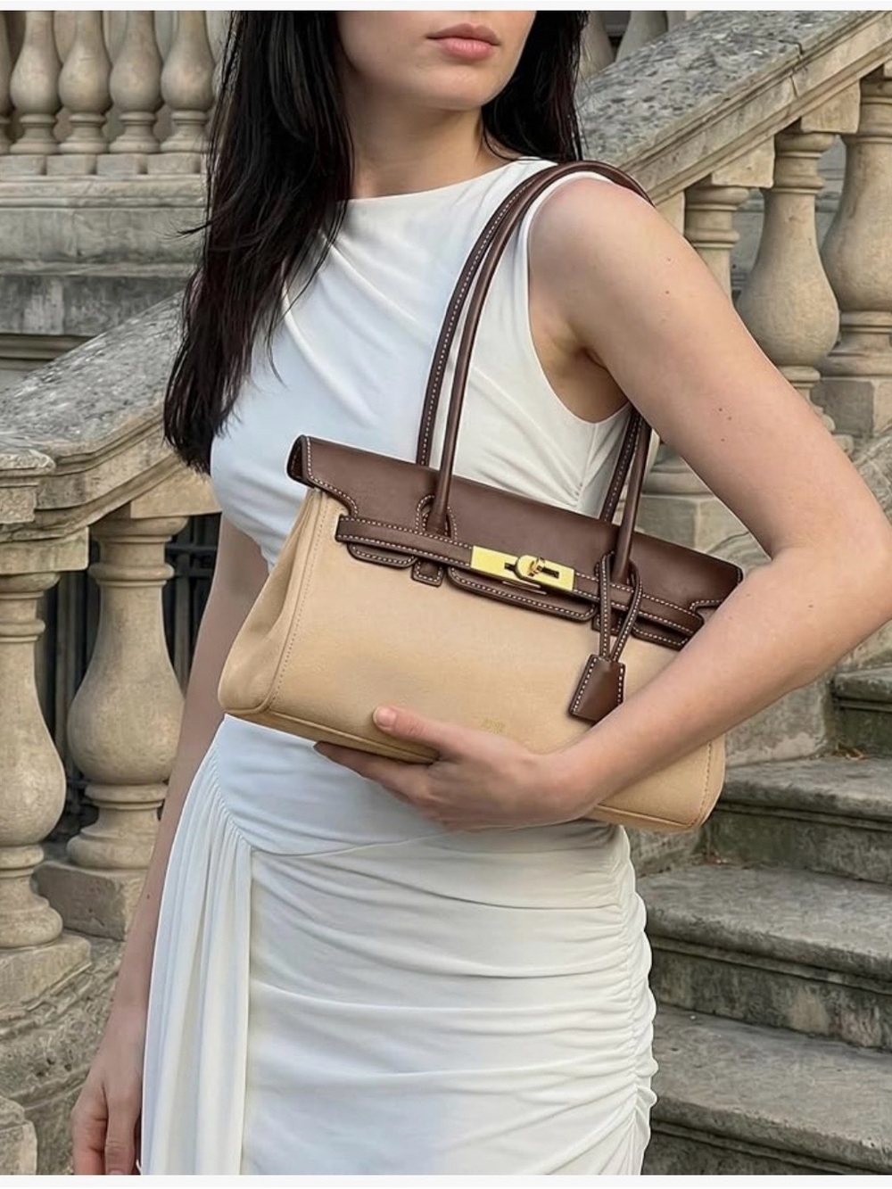 Beige suede and Brown Leather Shoulder Bag - Elegant Two-Tone Purse